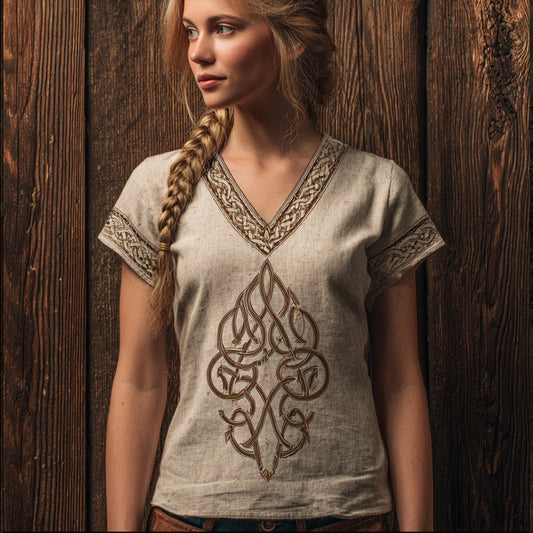 Viking Pattern Vintage V-neck Short-sleeved Shirt artswardrobe