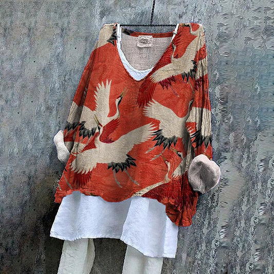 Comstylish Japanese Art Crane Print V-Neck Loose Blouse
