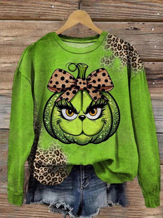 Women's Leopard Pumpkin Print Round Neck Sweatshirt artswardrobe