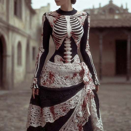 Comstylish Women's Halloween Skeleton And Lace Round Neck Vintage Dress