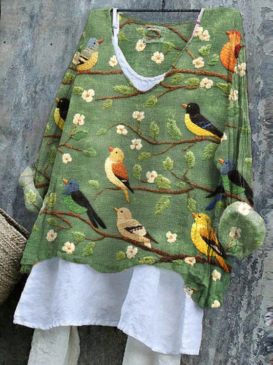 Comstylish Women's Flower And Bird Embroidery Art Linen Blend Shirt