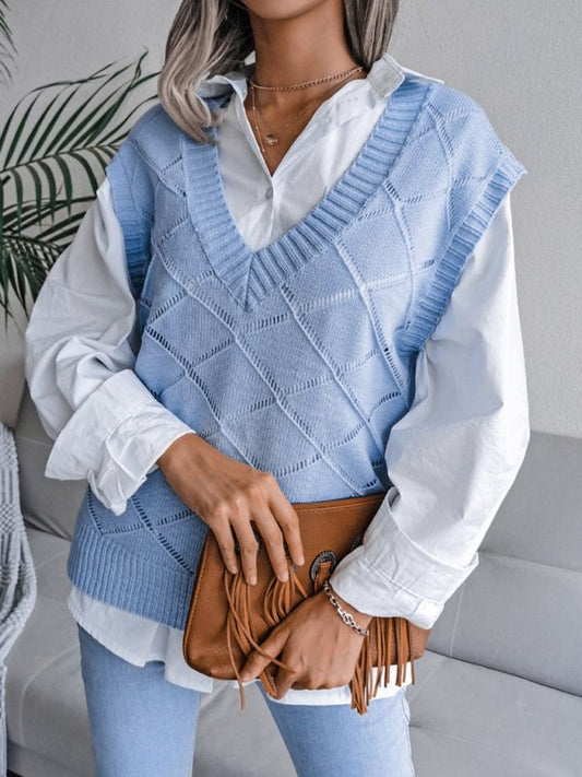 Elena® | Women'S V-Neck Hollow Diamond Casual Knitted Vest Sweater