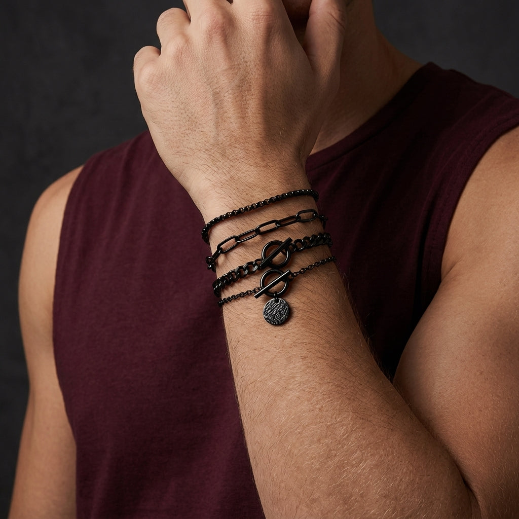 Black 4-Piece Mixed Chain Bracelet Set