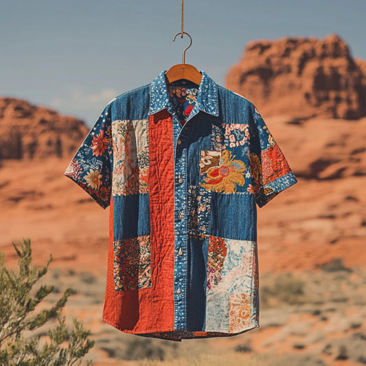 Men's Independence Day America Blue Red With Floral Pattern Art Casual Short Sleeve Shirts artswardrobe