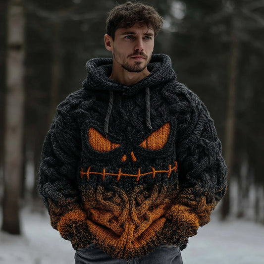 Men's Halloween Spooky Face Gradient Inspired Knitted Cozy Hooded Sweater artswardrobe