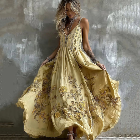 Comstylish Women's Yellow Roses And Floral Art Print Suspenders Maxi Dress