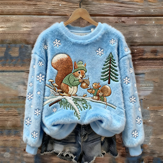 Comstylish Women's Squirrel Embroidery Round Neck Cozy Plush Sweatshirt
