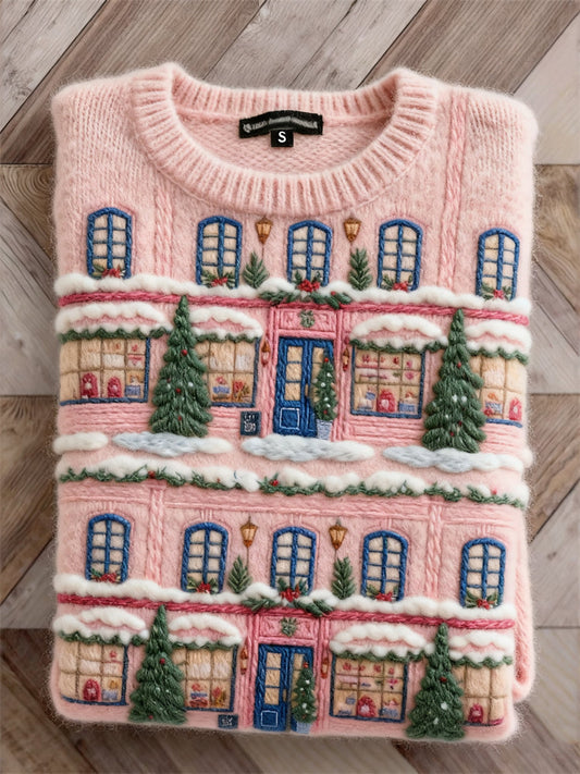 Pink Christmas Street Inspired Cozy Knit Sweater artswardrobe