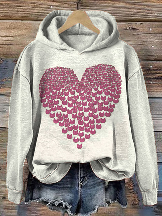 Comstylish Cute Cat Heart Print Cozy Hoodie