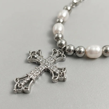 Ornate Cross Pearl Rhinestone Necklace