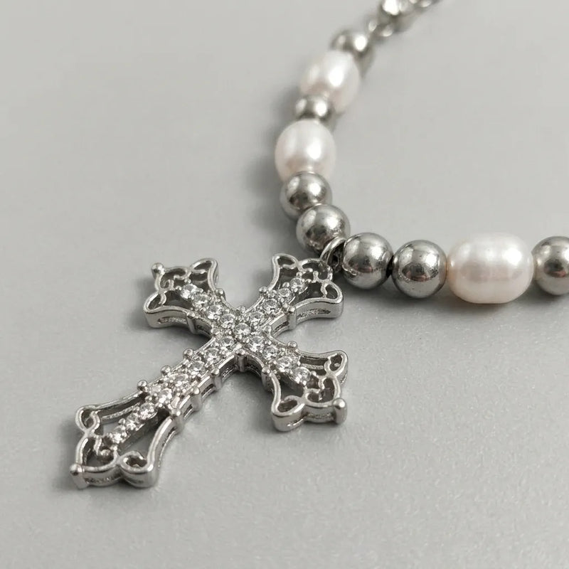 Ornate Cross Pearl Rhinestone Necklace