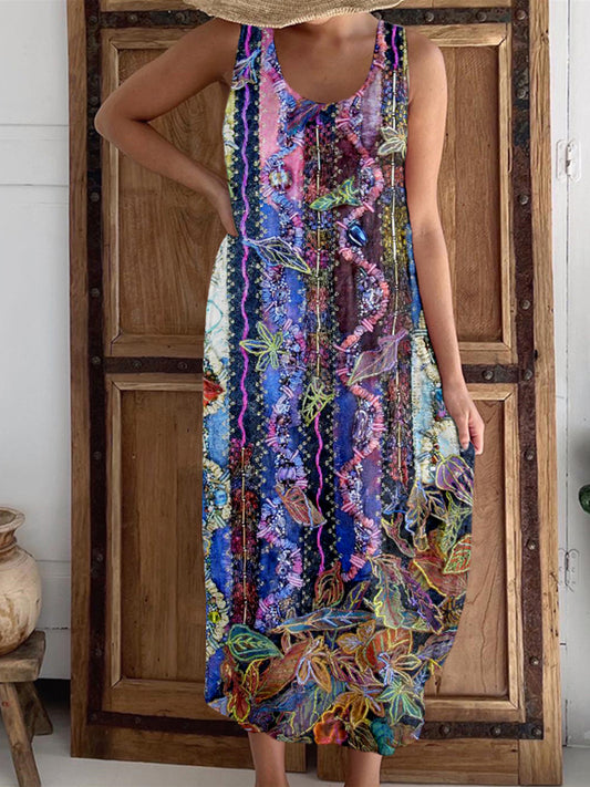 Vintage Boho Floral Embroidered Linen Tank Dress artswardrobe