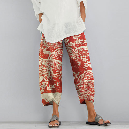 Comstylish Vintage Plum Blossom Printed Pocket Casual Pants