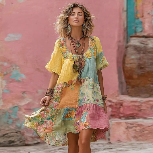 Women's Flower Embroidery Macaron Patchwork Art Crew Neck Linen Blend Midi Dress artswardrobe