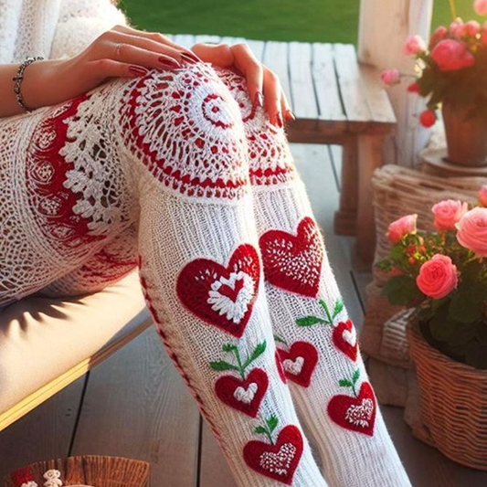 Vintage Crochet Floral And heart Cozy Knit Leggings elevenforest