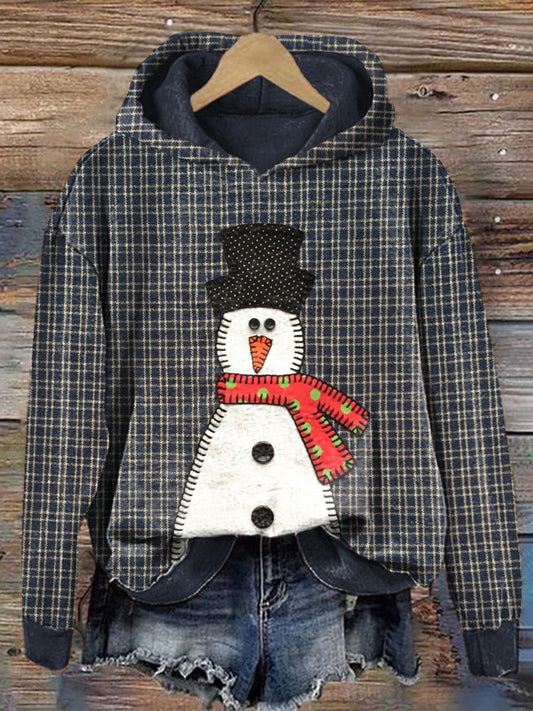 Comstylish Christmas Snowman Applique Cozy Plaid Hoodie