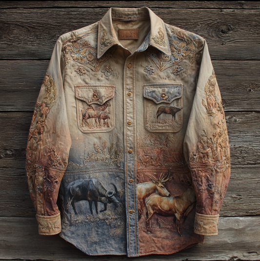 Western Cowboy Style Animal Elements Retro Cotton And Linen Men's Shirt artswardrobe