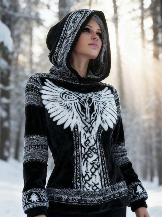 Comstylish Viking Wings Design Women's Flannel Hooded Sweatshirt