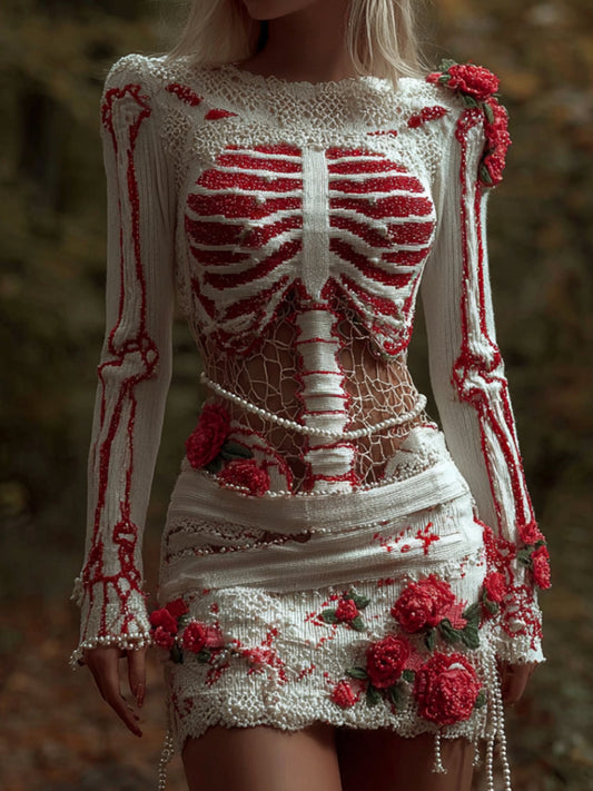 Comstylish Women's Halloween Three-dimensional Skeleton Blood Stained Rose Strap Dress
