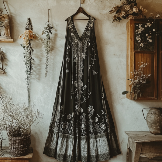 Boho Floral Embroidered Pattern Lace Linen Dress artswardrobe