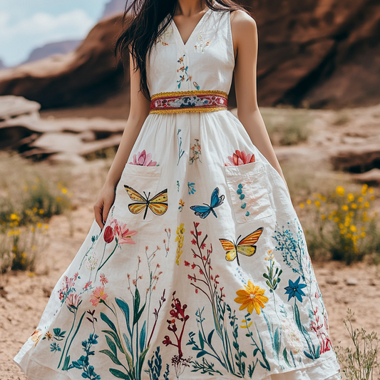 Women's Vintage Folk Butterfly Floral Art Cotton And Linen Pocket Dress artswardrobe