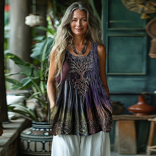 Women's Vintage Viking Tree Of Life Gradient Art Linen Tank Top artswardrobe