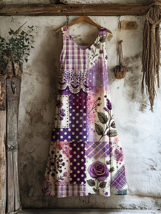 Vintage Watercolor Floral Patchwork Art Women's Ruffle Tank Dress artswardrobe