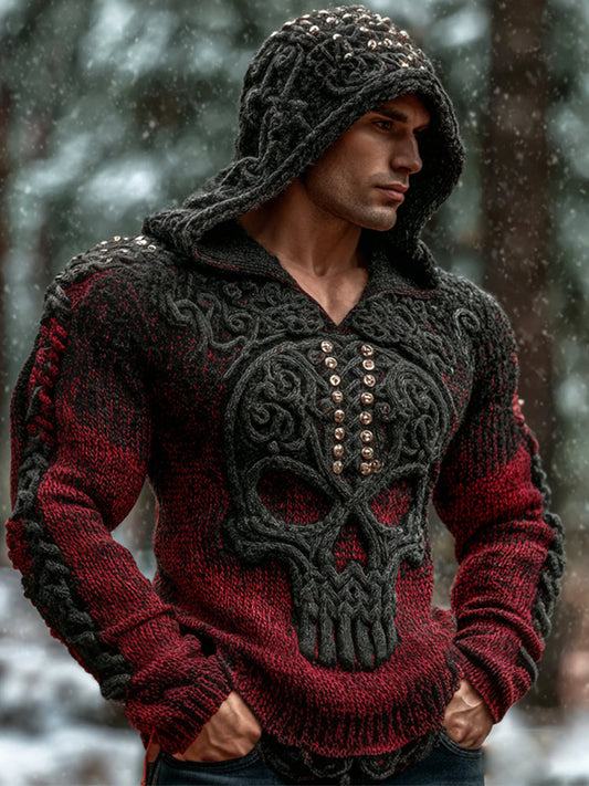Viking Studded Skull Art Men's Chunky Knit Hooded Sweater elevenforest