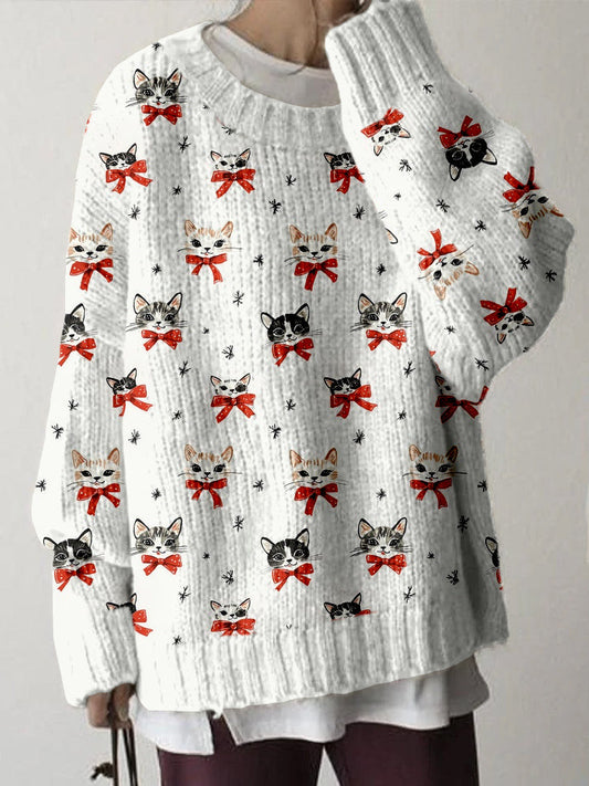 Cute Christmas Cat Pattern Cozy Knit Sweater elevenforest