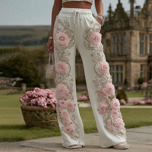Comstylish Women's Pink Floral Embroidery Art Sweatpants