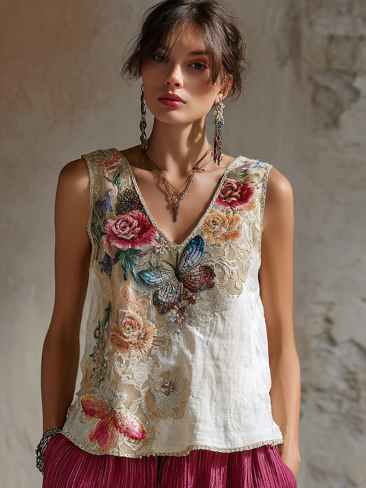 Comstylish Bohemian Style Plant Flower And Butterfly Embroidery Pattern Women's Cotton And Linen Sleeveless V-neck Top