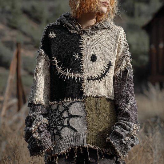 Halloween Spooky Face And Spider Web Patchwork Design Cozy Knit Hooded elevenforest