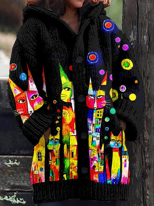 Colorful Whimsical Cats Art Cozy Hooded Cardigan elevenforest