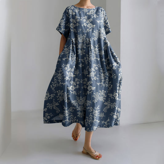 Comstylish Vintage Flower Print Short Sleeves Loose Midi Dress