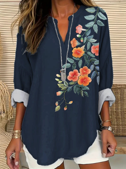 Comstylish Flower Embroidery Pattern Linen Ladies Long-Sleeved Shirt