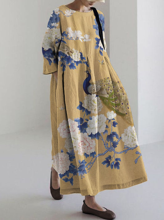 Comstylish Classy Peacock Floral Japanese Art Linen Blend Maxi Dress