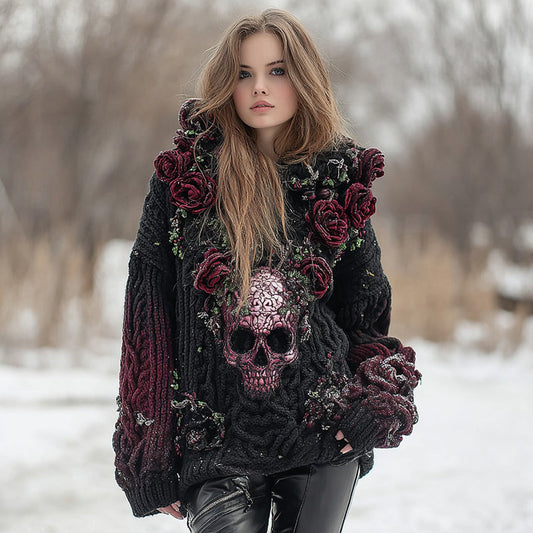 Women's Skull And Spiderwebs Art Gradient Knit Hooded Sweater elevenforest