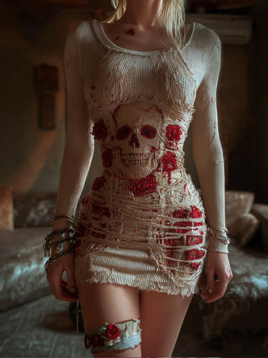 Comstylish Women's Halloween Skull And Rose Round Neck Mini Skirt