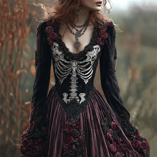 Comstylish Vintage Skeleton Scarlet Roses Beaded Velvet Maxi Dress