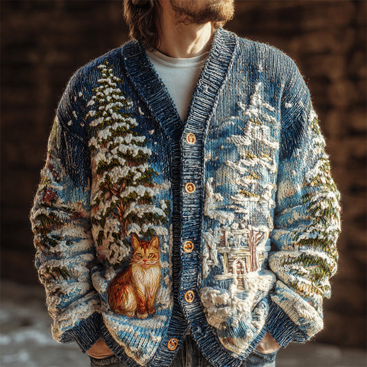 Snow Pine & Cat Men's Knit Cardigan elevenforest
