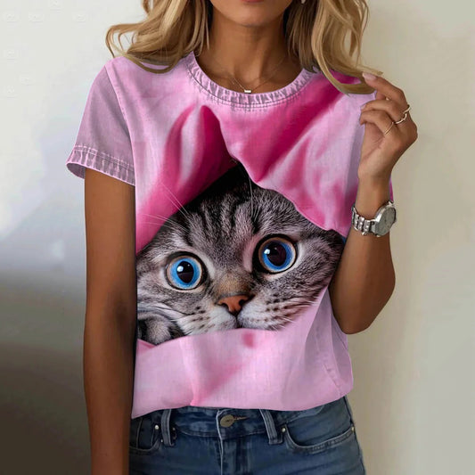 Comstylish Abstract Cute Cat Hiding In Pink Art Print T-shirt