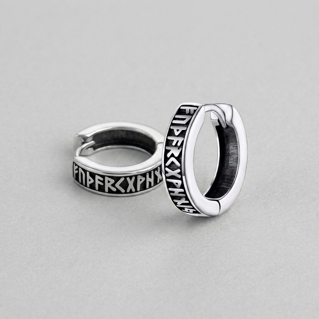 Viking Runes Engraved Silver Huggie Hoop Earrings