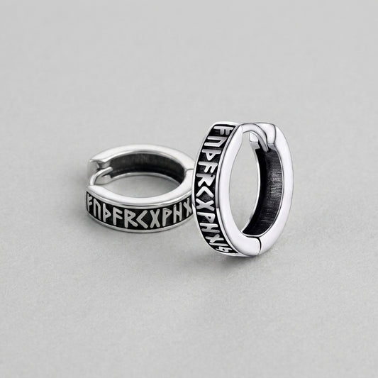 Viking Runes Engraved Silver Huggie Hoop Earrings