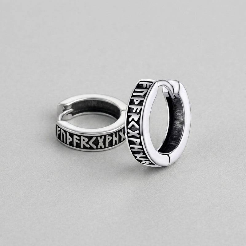 Viking Runes Engraved Silver Huggie Hoop Earrings