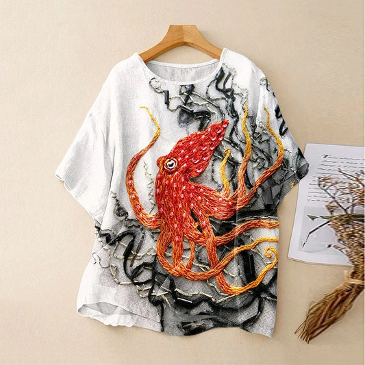 Vintage Bohemian Abstract Fish Octopus Ink Linen Art Print Short Sleeve Round Neck Shirt artswardrobe