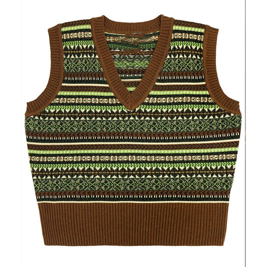 Vintage Geometric Pattern Icelandic Knitted V-Neck Sweater elevenforest