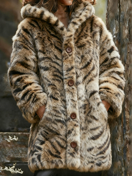 Comstylish Leopard-print Cat Pattern Long Hooded Cardigan