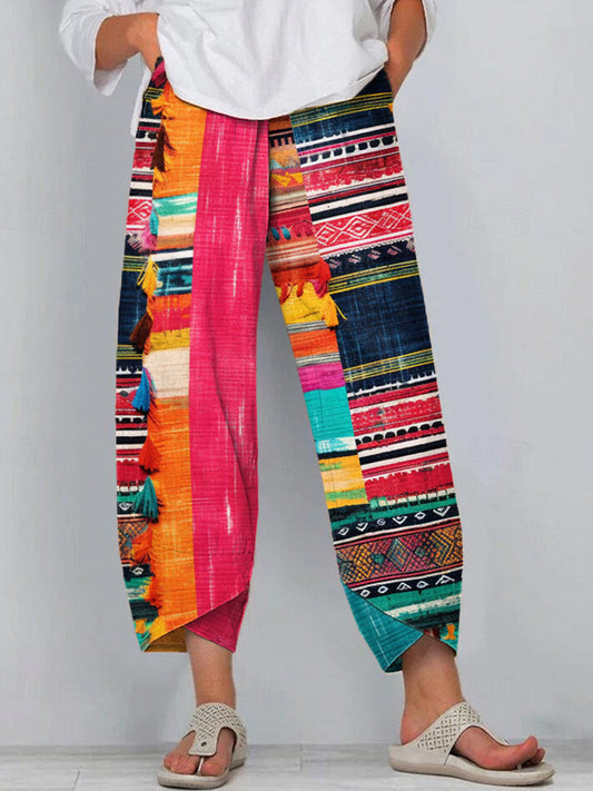 Colorful Geometric Pattern Tassel Linen Blend Pants artswardrobe