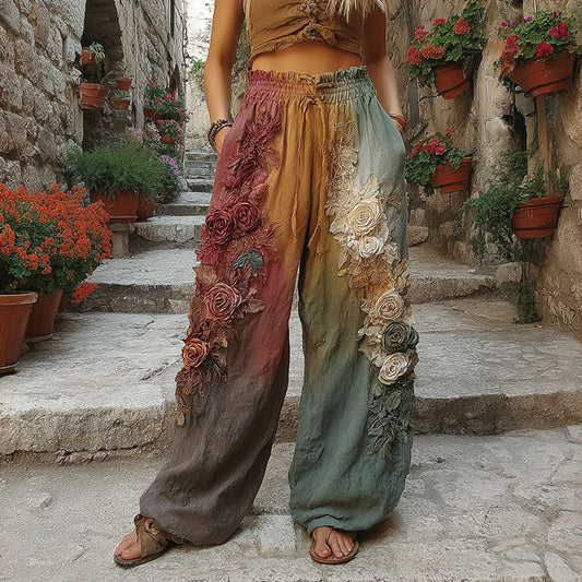 The Sunset Collection Classic Retro Rose And Floral Gradient Art Linen Pants artswardrobe