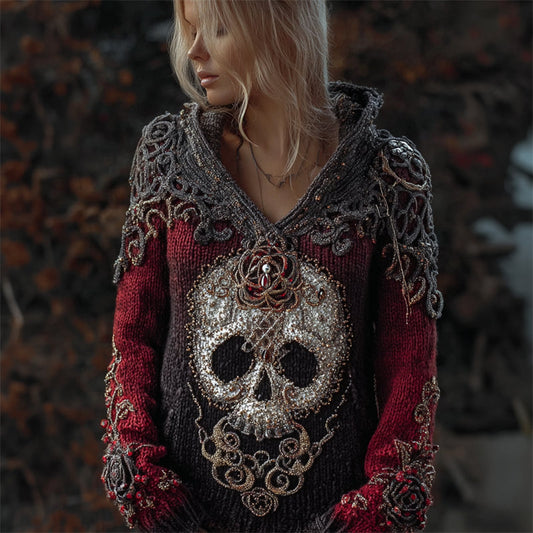 Elegant Skull & Roses Beaded Celtic Gradient Cozy Knit Hooded Sweater elevenforest